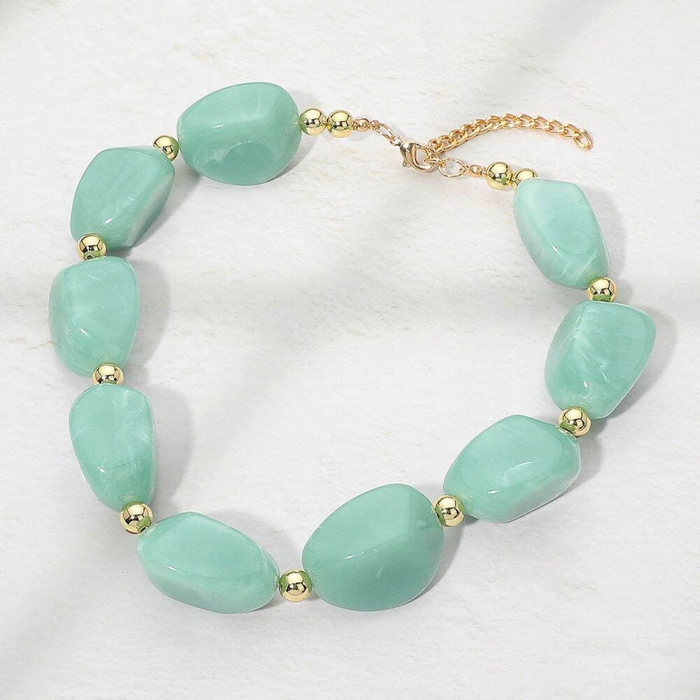 Blue Beaded Chunky Pebble Stone Resin Necklace Modern Jewelry